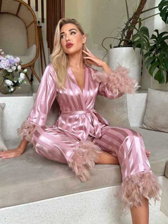 Striped Jacquard Fuzzy Trim Belted Satin PJ Set