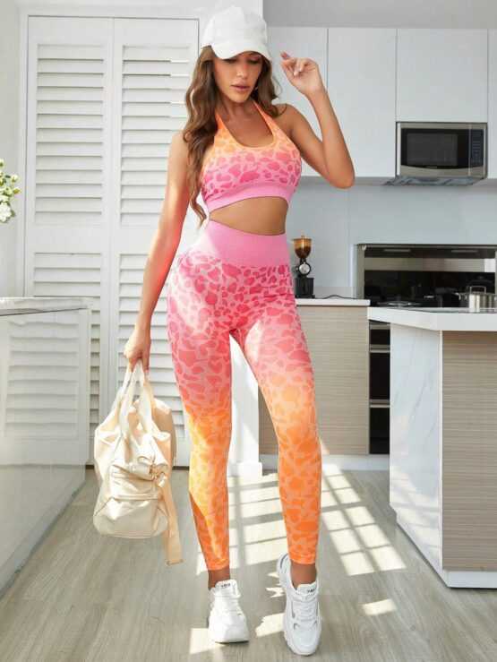 Leopard Print Backless Crop Bra Tummy Control Leggings Sports Set