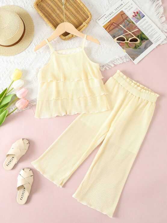Frill Trim Camisole Top And Wide Leg Pants Set For Girls
