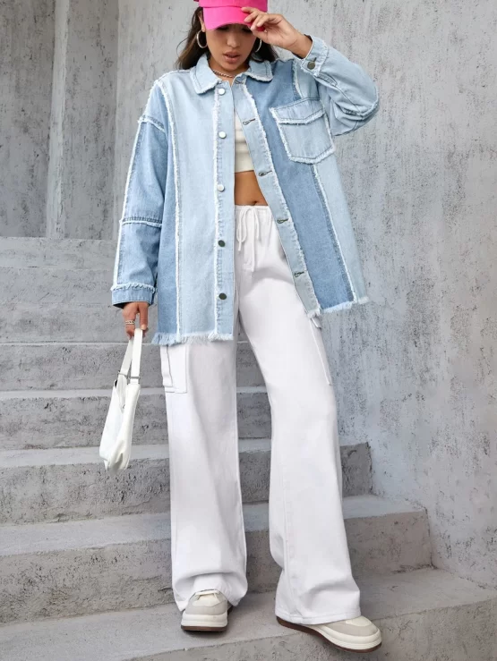 EZwear Two Tone Raw Trim Denim Drop Shoulder Coat