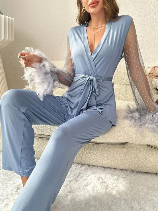 Contrast Mesh Wrap Fuzzy Trim Belted PJ Set