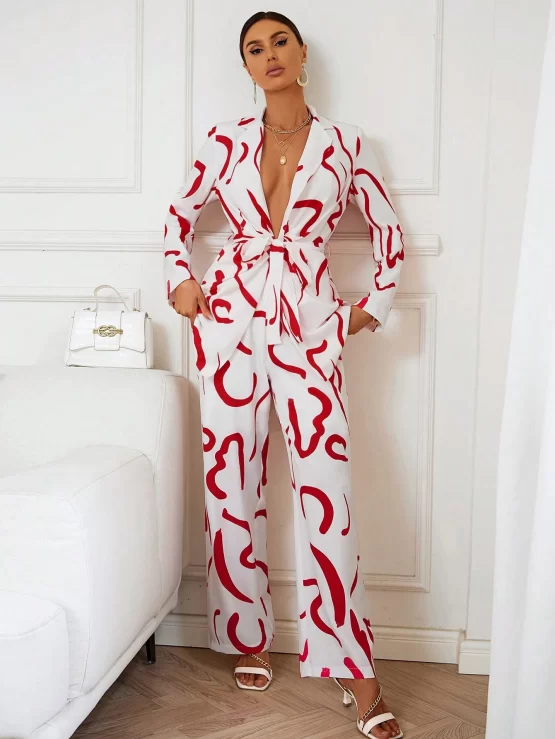All Over Print Lapel Neck Belted Shirt & Wide Leg Pants