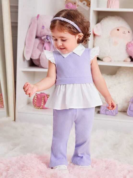 Baby Girls Party White With Purple Collar Top And Purple Knit Bell Bottom Pants
