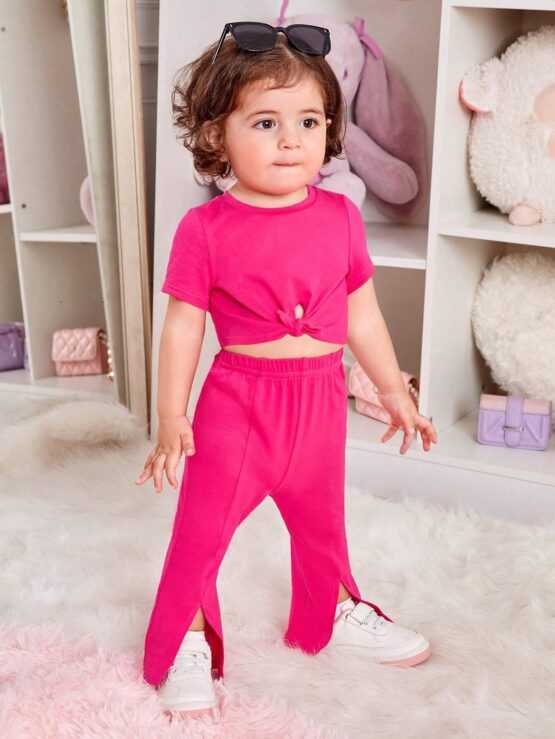 Baby Girls Casual Twisted Knit Short Sleeve Top And Split Flare Elastic Waist Long Pants