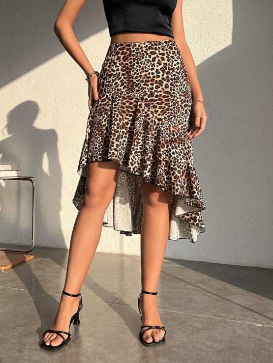 Leopard Print Asymmetrical Ruffle Hem Skirt