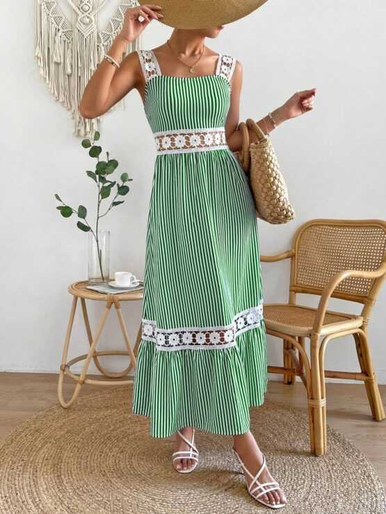 Striped Print Guipure Lace Insert Ruffle Hem Cami Dress