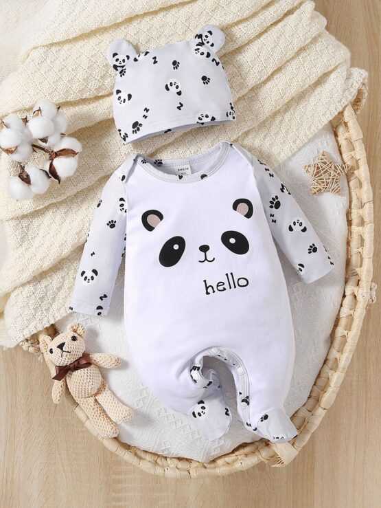 Baby Panda & Letter Footed Sleep Graphic Jumpsuit