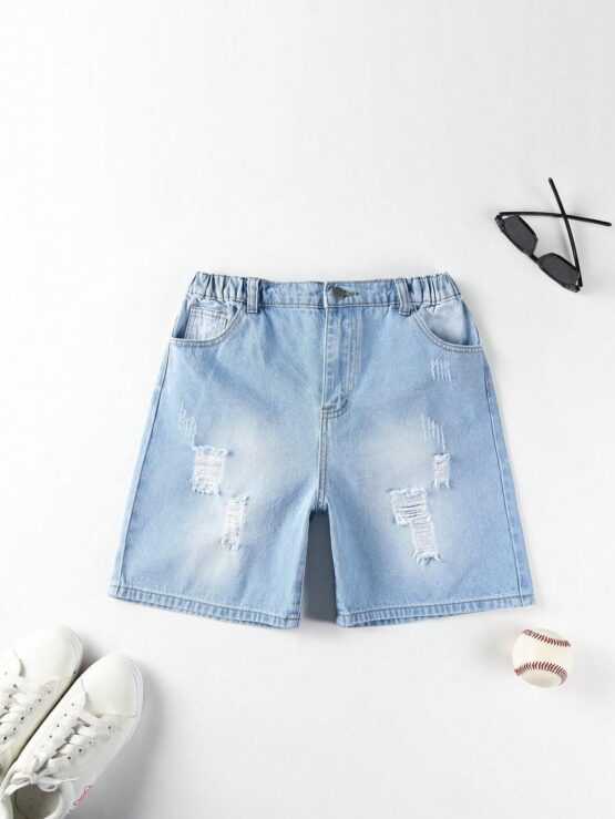 Boys Pocket Ripped Bleach Wash Denim Shorts