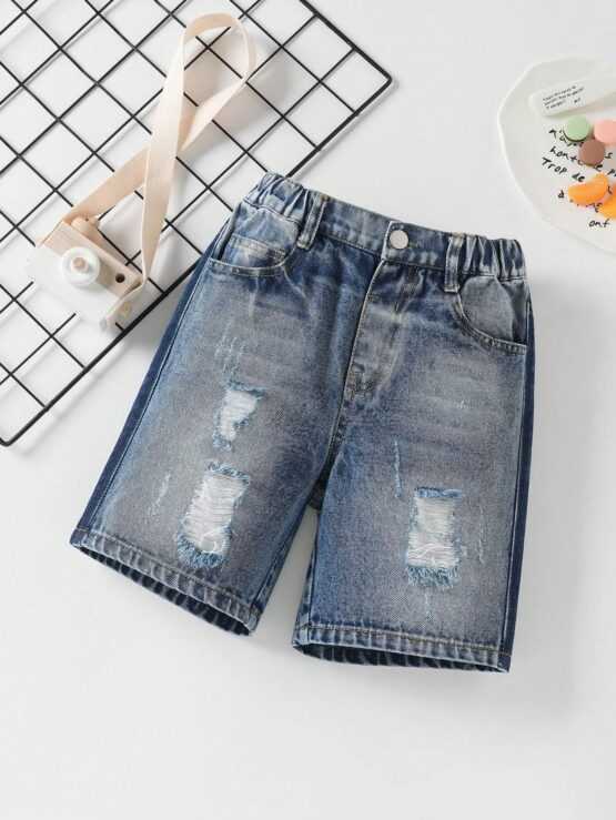 Boys Ripped Frayed Bleach Wash Denim Shorts