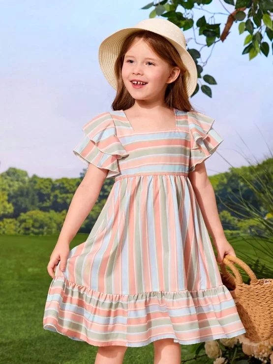 Toddler Girls Striped Print Butterfly Ruffle Hem Sleeve Dress