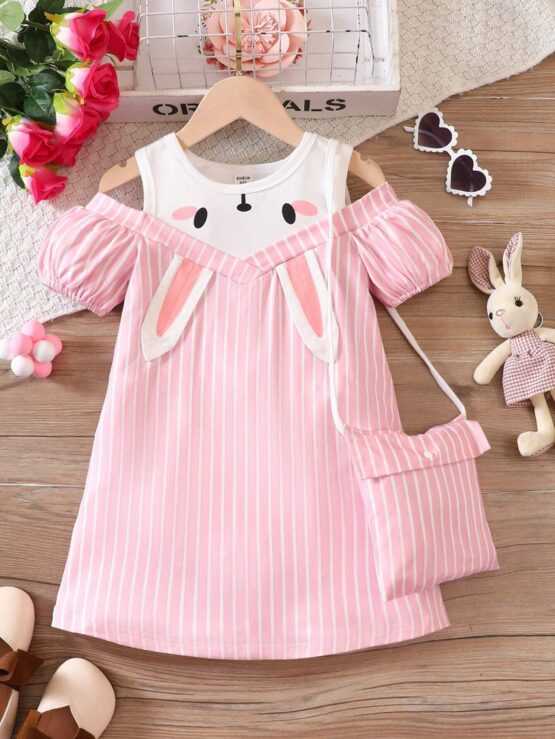 Toddler Girls Striped 3D Rabbit Ear Cold Shoulder Dress With Bag