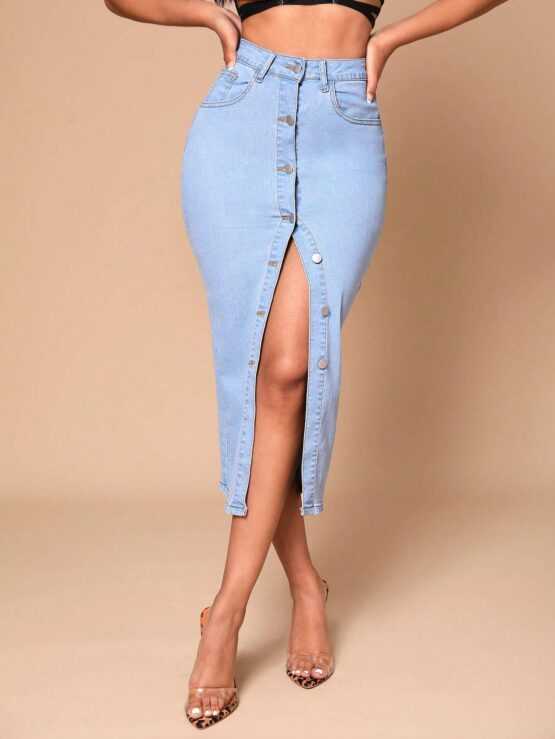 Pocket Split Thigh Button Front Denim Skirt