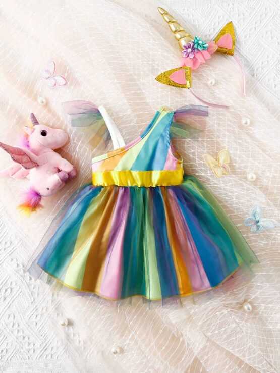 Baby Rainbow Striped Asymmetrical Neck Ruffle Costume Trim Dress