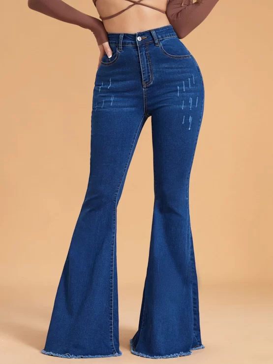 High Waist Button Pocket Raw Hem Flared Leg Jeans - Image 2
