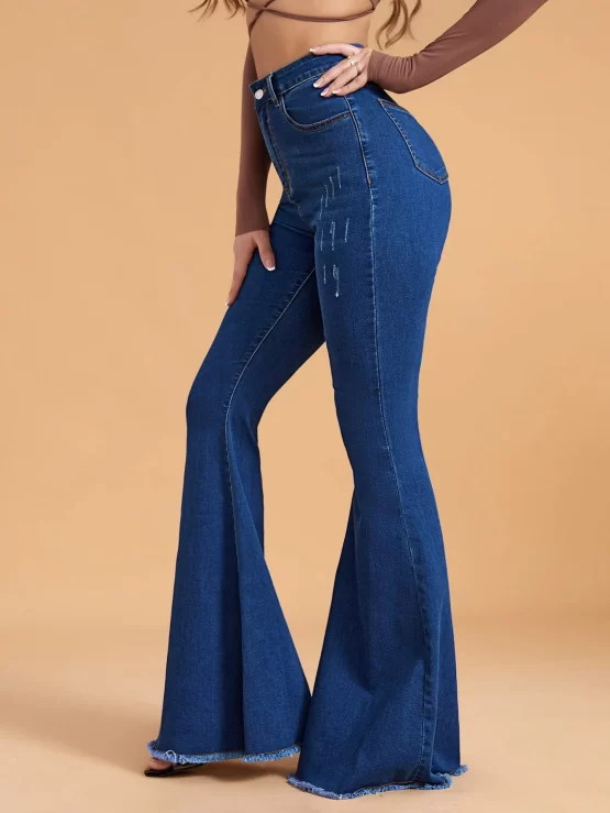 High Waist Button Pocket Raw Hem Flared Leg Jeans - Image 3