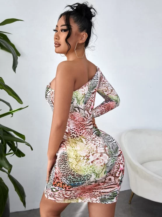 Leopard And Snakeskin Print One Shoulder Cut Out Bodycon Dress - Image 2