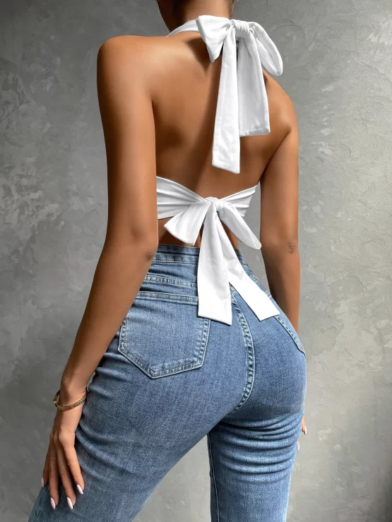 Tie Backless Sexy Asymmetrical Hem Halter Top - Image 3
