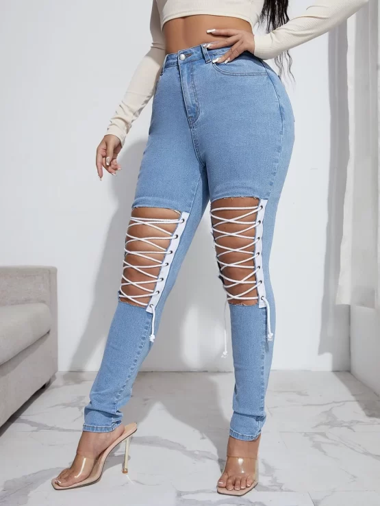 High Stretch Lace Up Ripped Front Skinny Jeans - Image 2