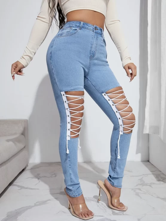 High Stretch Lace Up Ripped Front Skinny Jeans - Image 3