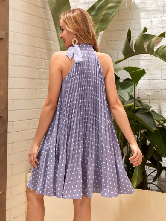 Maternity Knot Side Polka Dot Pleated Halter Dress - Image 3