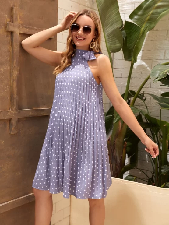 Maternity Knot Side Polka Dot Pleated Halter Dress - Image 2