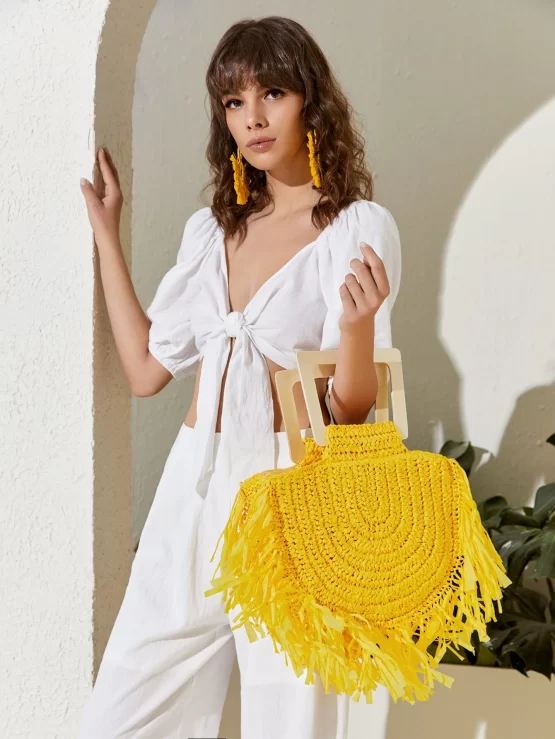 Fringe Trim Straw Tote Double Handle Bag - Image 2
