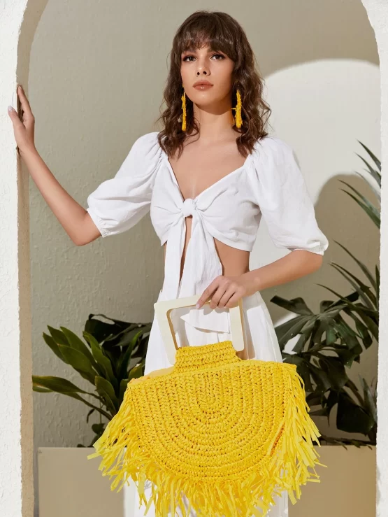 Fringe Trim Straw Tote Double Handle Bag - Image 3