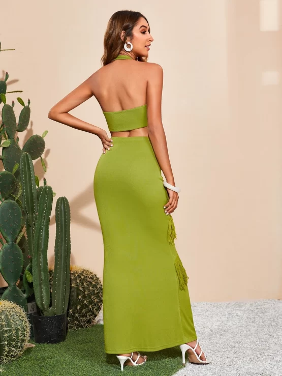 VCAY Plunging Neck O-ring Detail Fringe Trim Dress - Image 2