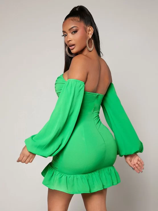 Off Shoulder Lantern Sleeve Ruched Ruffle Hem Bodycon Dress - Image 2