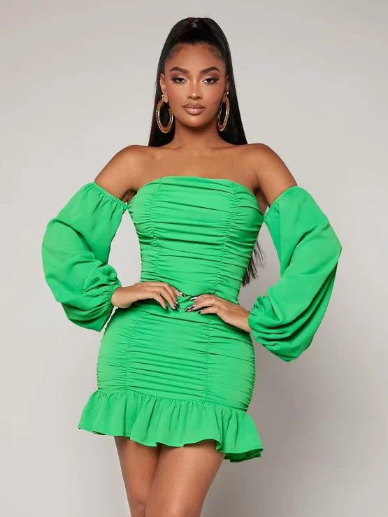 Off Shoulder Lantern Sleeve Ruched Ruffle Hem Bodycon Dress - Image 3