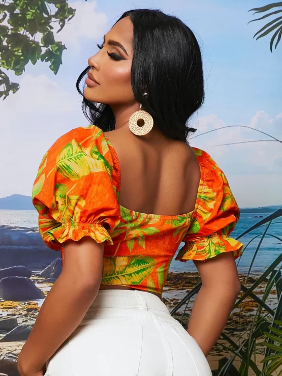 Tropical Print Puff Bandana Hem Crop Sleeve Blouse - Image 2