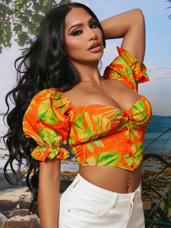Tropical Print Puff Bandana Hem Crop Sleeve Blouse - Image 3