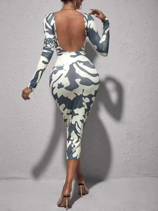 Graphic Print Pencil Backless Bodycon Dress - Image 2