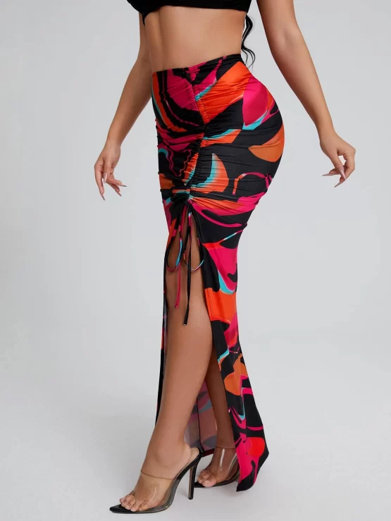 Graphic Print Sexy Drawstring Split Thigh Skirt - Image 3