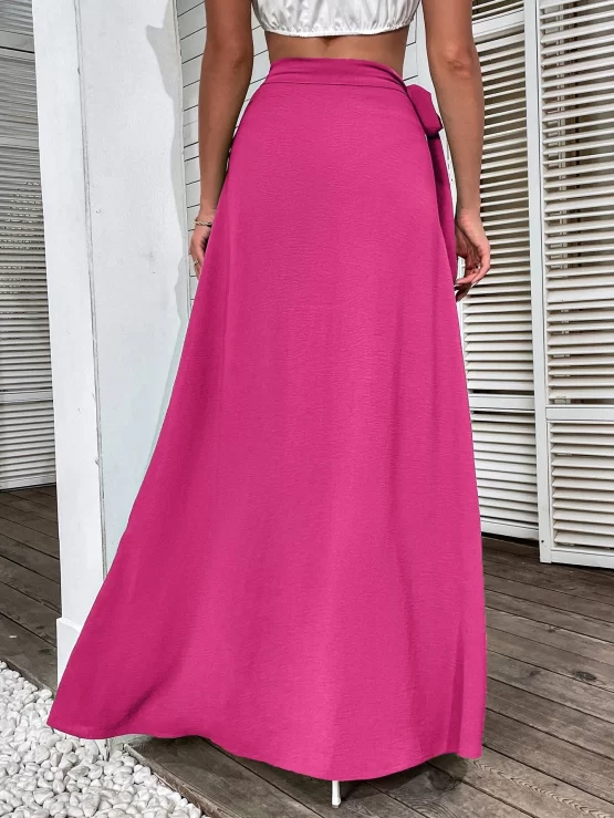 Tie Front Plain Boho Side Maxi Wrap Skirt - Image 3