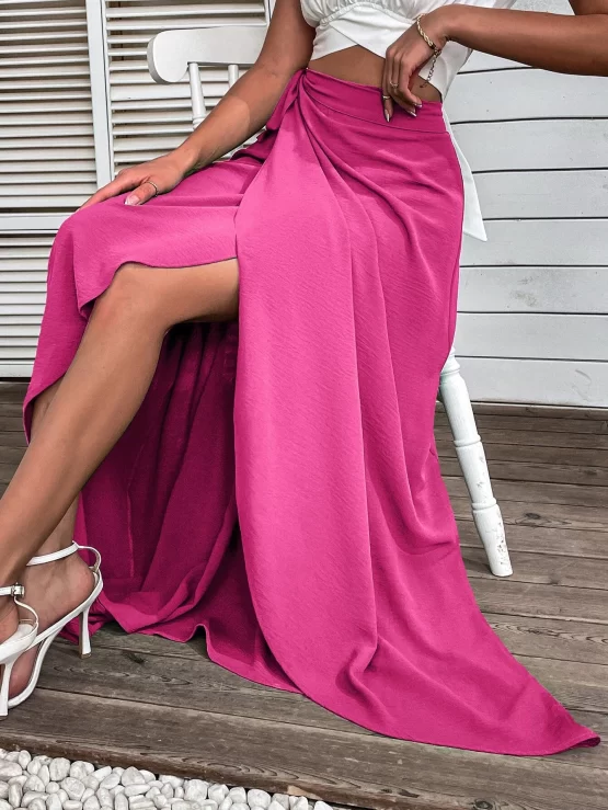 Tie Front Plain Boho Side Maxi Wrap Skirt - Image 2
