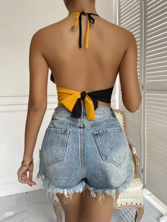 Two Tone O-ring Detail Backless Knot Halter Top - Image 2