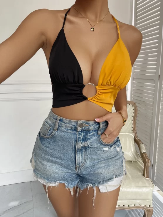 Two Tone O-ring Detail Backless Knot Halter Top - Image 3