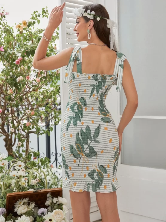 Maternity Polka Dot & Plant Print Shirred Ruffle Hem Cami Front Dress - Image 2