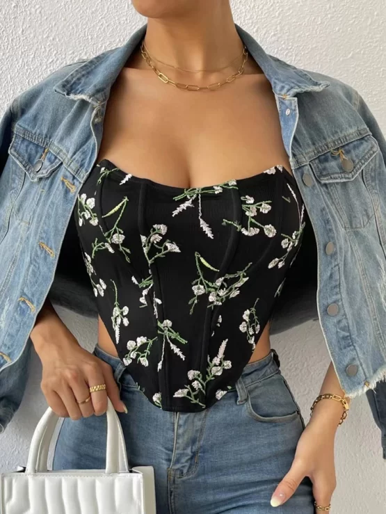 Floral Embroidery Hanky Hem Lace Up Back Tube Crop Top - Image 2