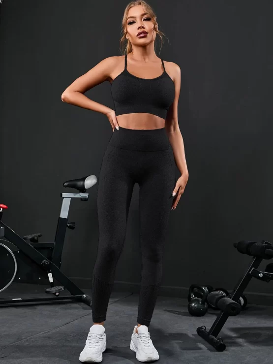 Criss Cross Back Cami Scrunch Butt Leggings Seamless Yoga Sports Set - Image 6