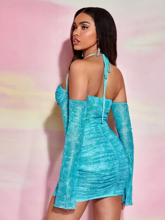 BAE Snakeskin Print Ruched Bustier Off Shoulder Halter Bodycon Dress - Image 2
