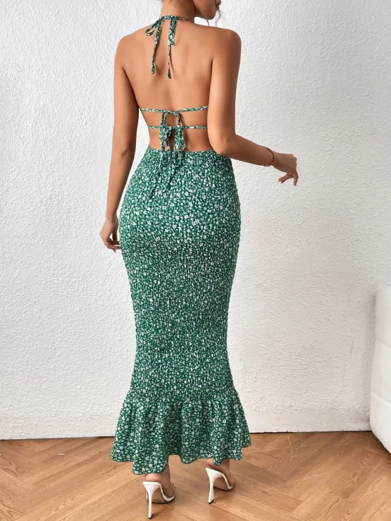 Ditsy Floral Print Tie Backless Mermaid Halter Hem Dress - Image 2