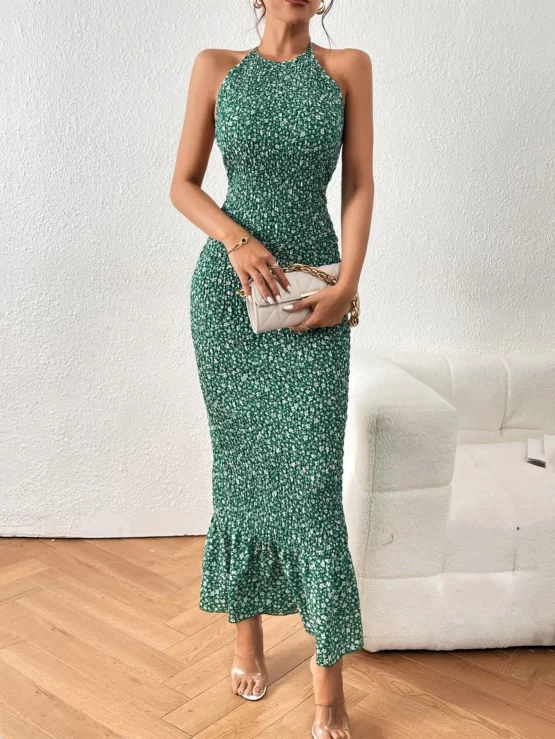 Ditsy Floral Print Tie Backless Mermaid Halter Hem Dress - Image 3