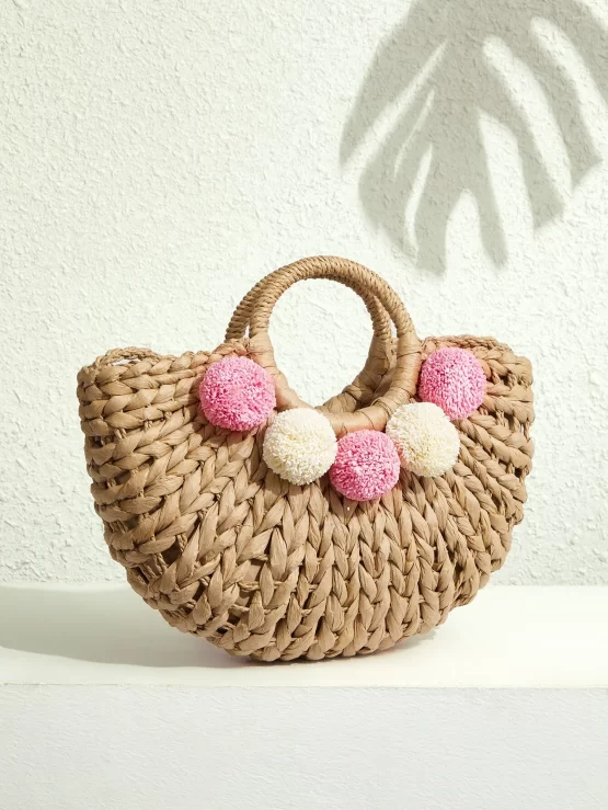 VCAY Pom Pom Double Handle Straw Decor Bag - Image 2