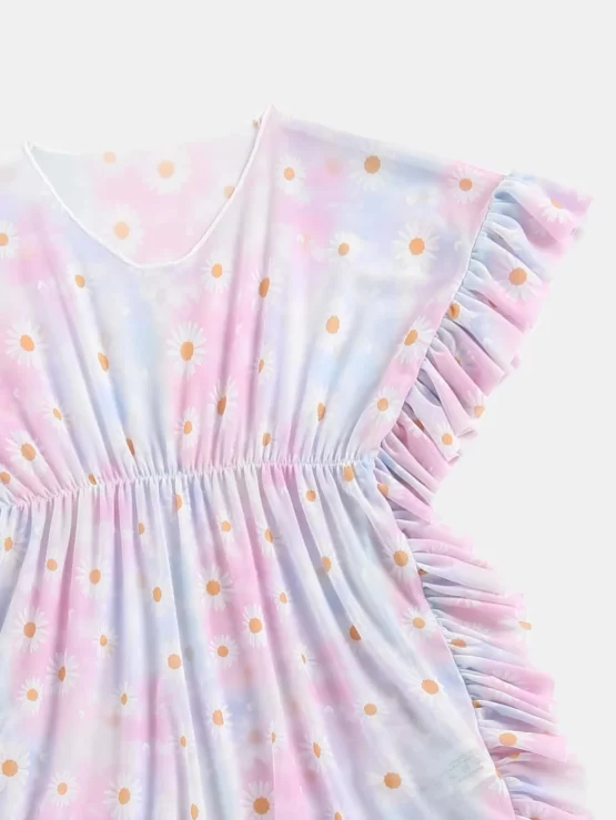 Toddler Girls Tie Dye Floral Ruffle Trim Print Cover Up - Image 3