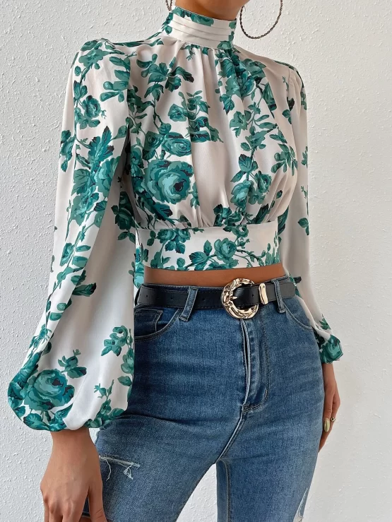 Floral Print Tie Backless Bishop Crop Sleeve Blouse - Image 2
