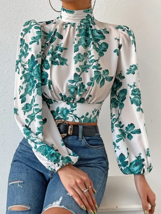 Floral Print Tie Backless Bishop Crop Sleeve Blouse - Image 3