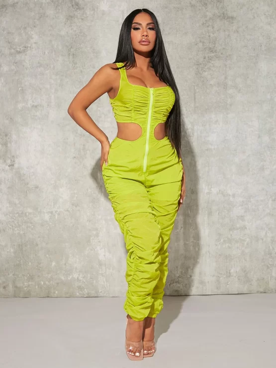 Zip Sexy Cut Out Waist Ruched Front Jumpsuit - Image 3