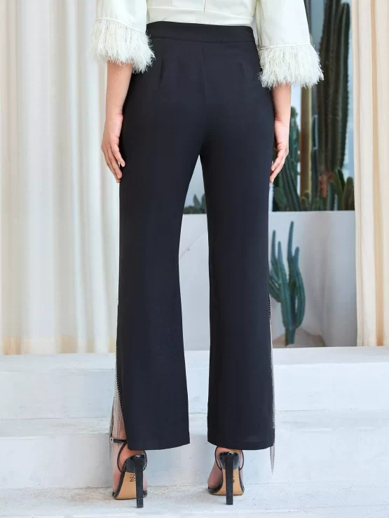 Mulvari Fringe Trim Split Hem Flare Leg Pants - Image 4